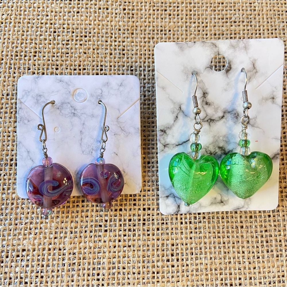 Glass earrings pierced on wires in swirly purple frosted and green two pairs